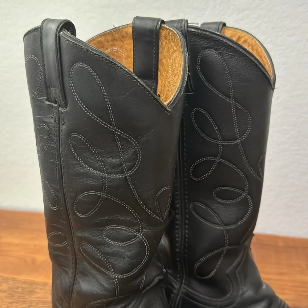 Vintage Mens Handmade Leather Cowboy Western Boots Black Low Heel Size 7M